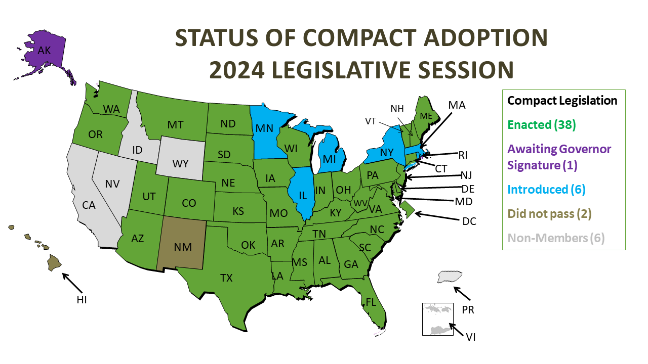 Map of the Status of Compact Adoption in the 2021 Legislative Session. Compact Legislation Enacted (26). Compact legislation awaiting governor signature (0). Compact Legislation passed on chamber (0). Compact legislation introduced (4). Session closed without passage (1). 